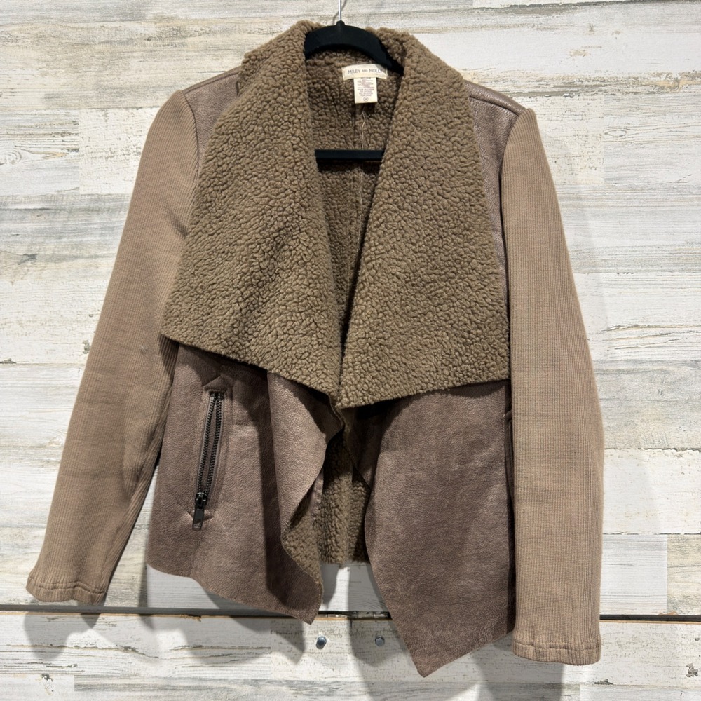 Miley and Molly Jacket Women M Brown Faux Suede Shearling Moto Cabincore EUC